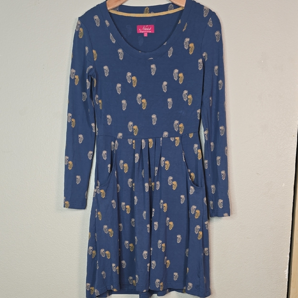 Ness  Blue Long-Sleeve Owl Printed Midi Dress Size 4.